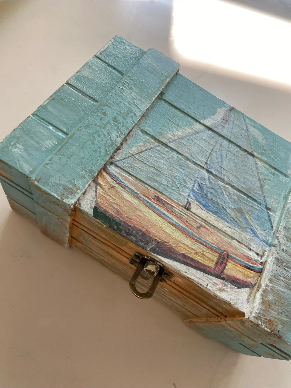 Coastal Wooden Trinket Box in Light Aqua - Nautical Accent